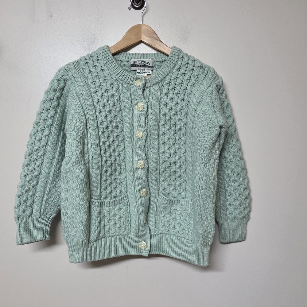 Aran Crafts Ireland Womens M Merino Wool Cable Knit Cardigan Sweater Mint Green